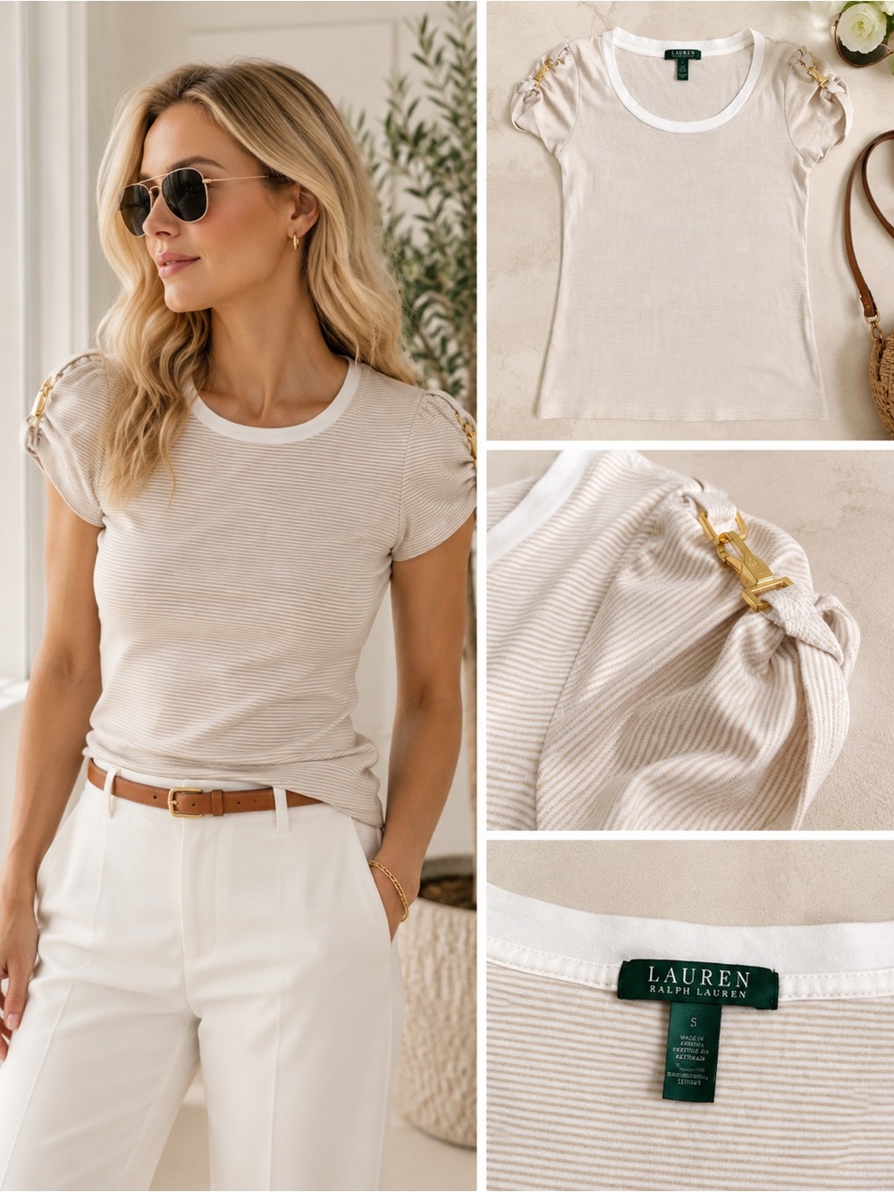 Lauren Ralph Lauren Gold Buckle Stripe Tee Small Cotton Quiet Luxury Top